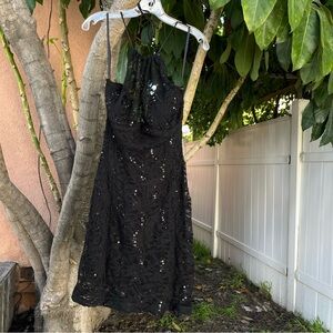 NWT Y2K Deadstock Frederick’s Of Hollywood Black Lace Halter Dress with Sequin